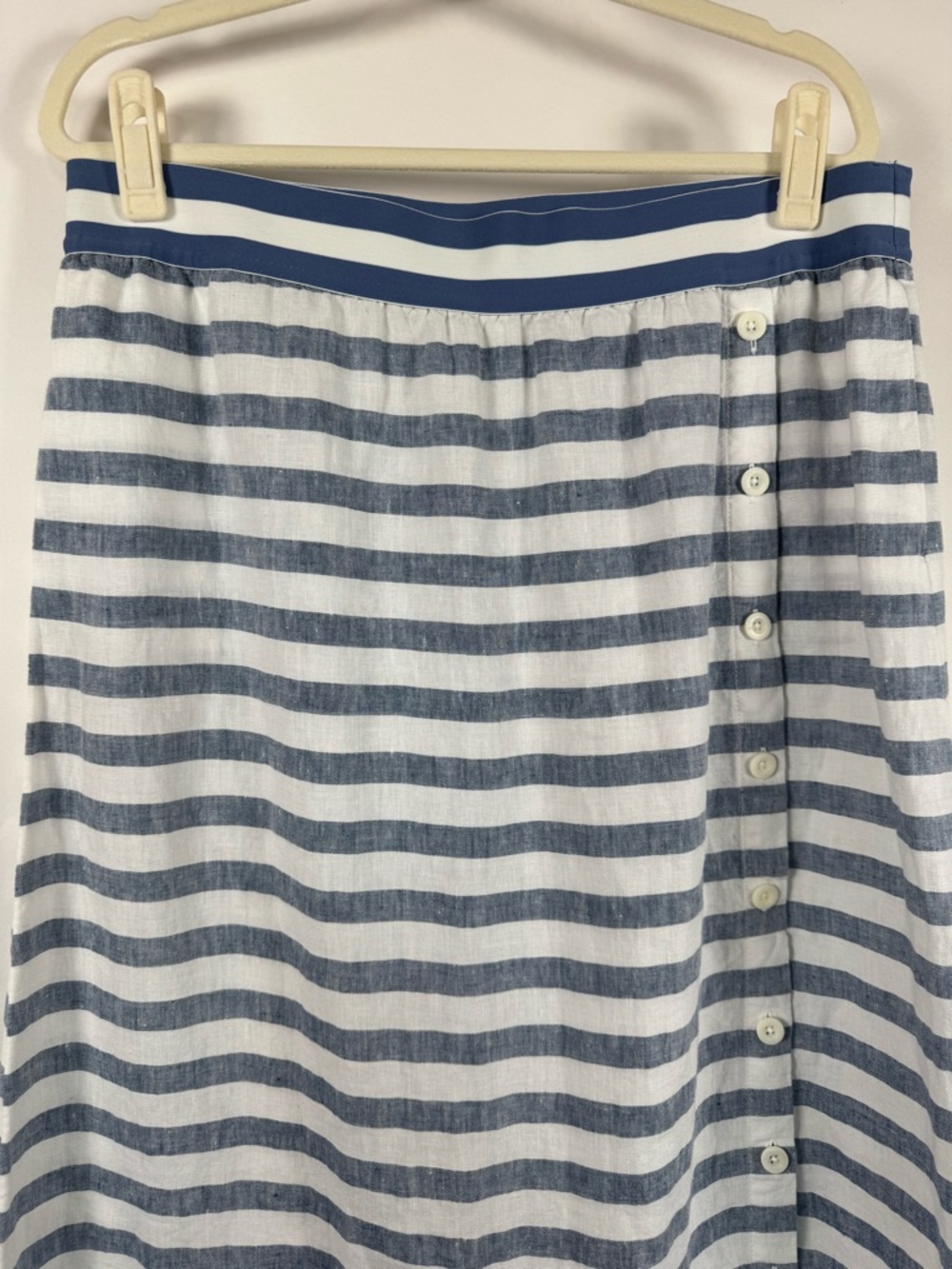J. Jill Love Linen Seaside Striped Midi Skirt Blue White Button Side Coastal LP - Picture 3 of 9